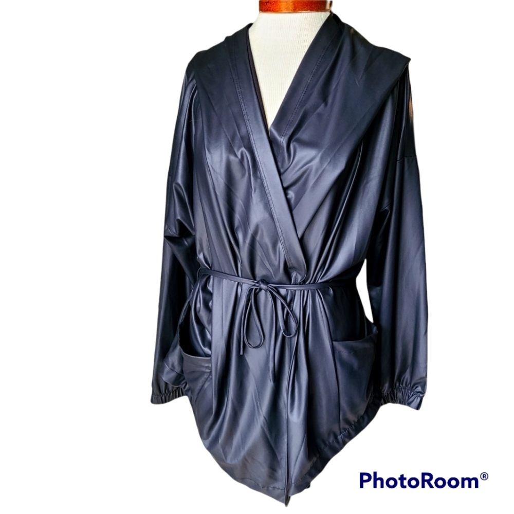 Cleo apparel black wrap open, tie front, hooded light weight jacket/cardigan.
